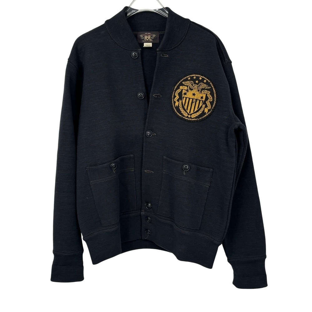 RRL Double RL Ralph Lauren Cardigan Sweater Jacket  M Crest Patch Black Military